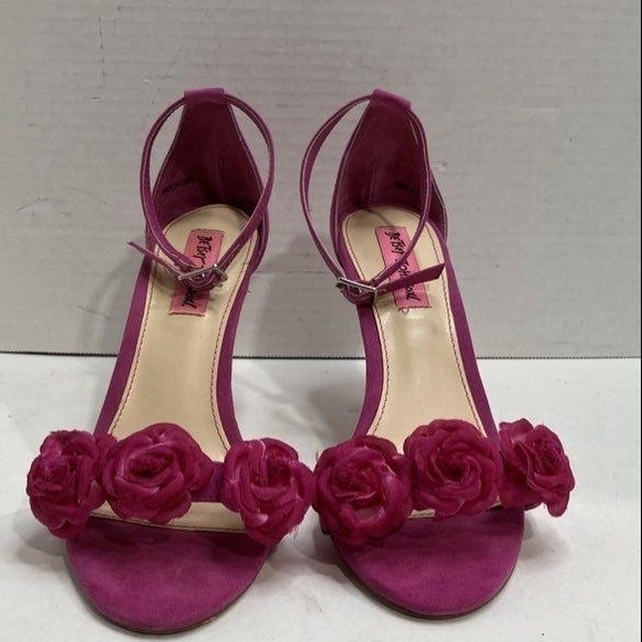 Pink Suede Open Toe Heels With Roses - Picture 1 of 6